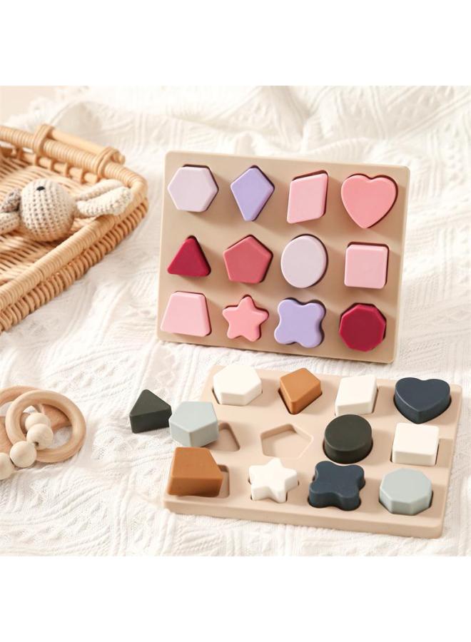 لعبة مطابقة الأشكال الإدراكية مونتيسوري للأطفال، بانيل هندسي مقسم بشكل متساوي، ألغاز قابلة للخدش، أدوات تعليمية من السيليكون - اللون: بني مائل إلى الأصفر - Image 3